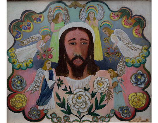 Minnie Evans, (1892-1987), Jesus Christ, 1963. Oil, ink and graphite on paper, 16 ½ x 19 ¼ inches. North Carolina Central University Art Museum, Durham, NC.  Gift of Paul and Virginia Clifford. Courtesy of the North Carolina Central University Art Museum, Durham, NC.